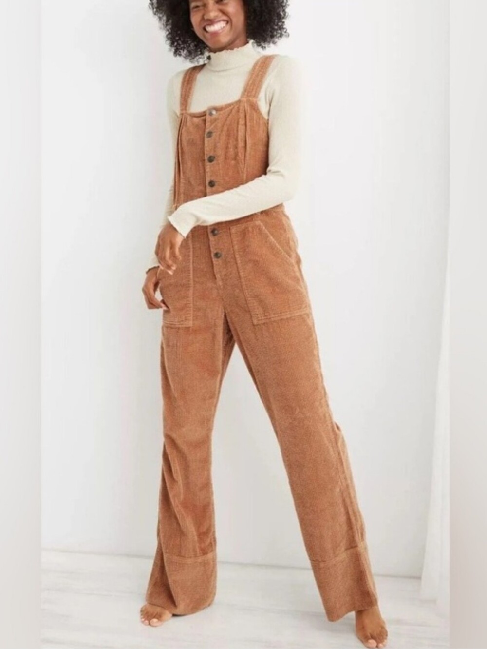 Aerie Corduroy Kick Flate Overalls Tan Brown Granola Girl Gorpcore 70s Retro XS